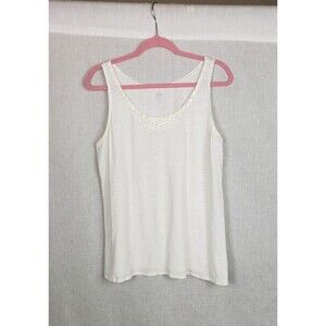 Eileen Fisher Tank Top PL White Slub Sequin Neckline Linen Casual Flowy Coastal‎